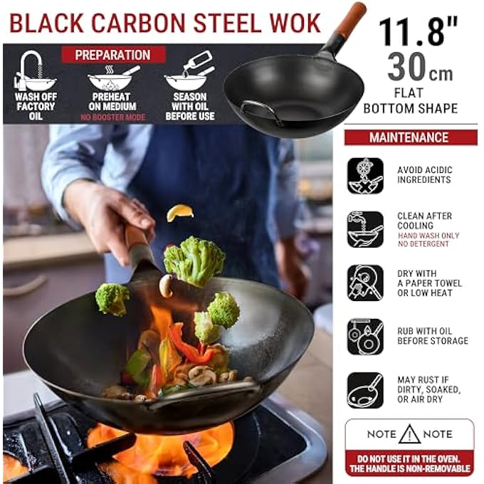 YOSUKATA 30 Cm Carbon Steel Wok Pan  PreSeasoned Flat Bottom Pow Wok For Stir Fry Bbq Grill  Camping  Traditional Japanese Chinese Cookware  Compatible With Induction Electric Gas Open Fire - Image 4