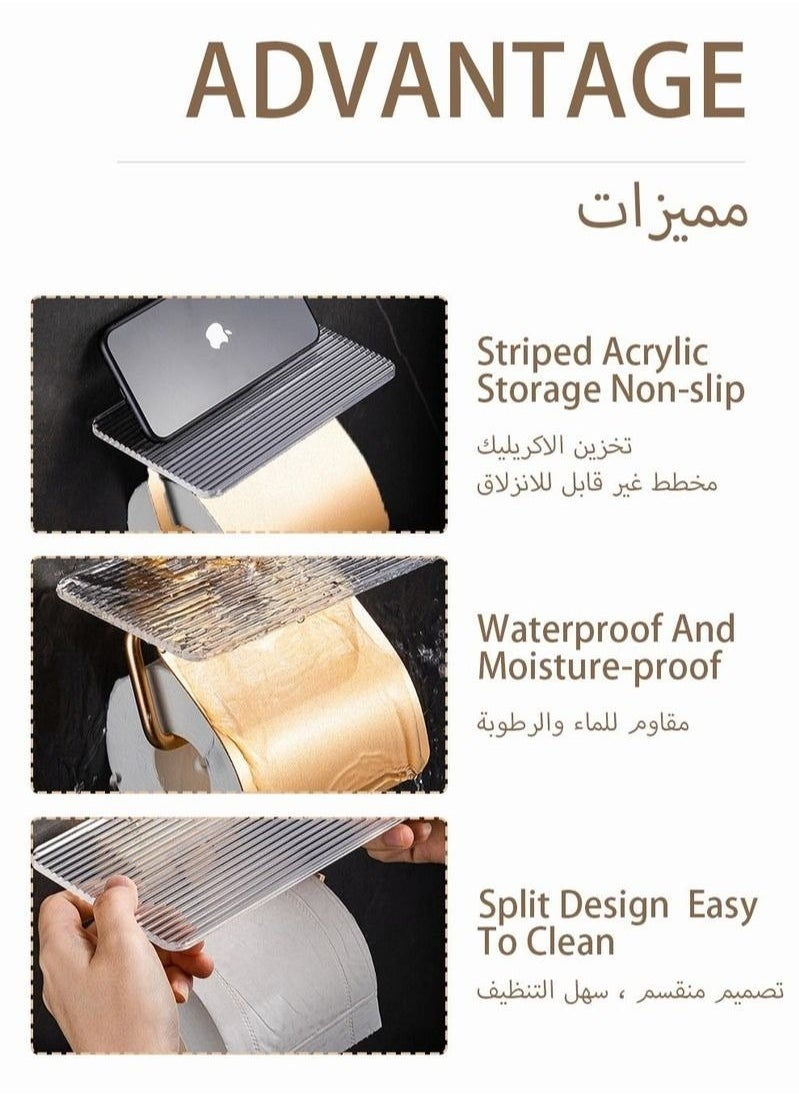 Wall Mounted Self-adhesive Toilet Paper Holder with Phone Shelf ,Waterproof Toilet Paper Holder Golden,Toilet Paper Roll Storage Dispenser