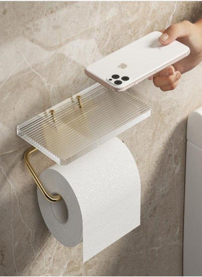 Wall Mounted Self-adhesive Toilet Paper Holder with Phone Shelf ,Waterproof Toilet Paper Holder Golden,Toilet Paper Roll Storage Dispenser