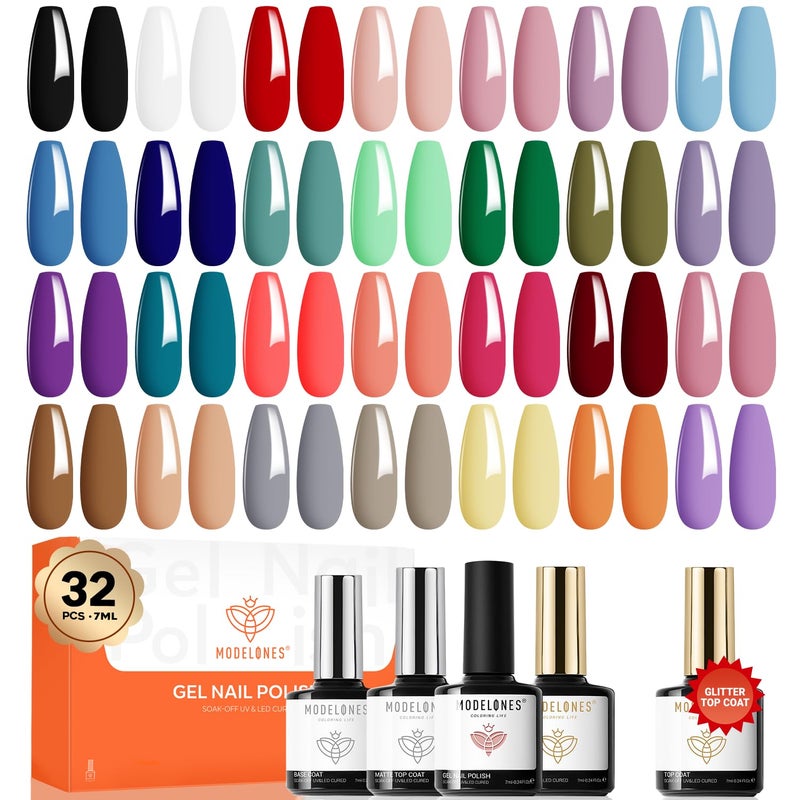 modelones 32 PCS Gel Nail Polish Set, 28 Colors Gel Polish with No Wipe Base Coat, Glitter & Glossy & Matte Top Coat Black Brown Red Purple Soak Off LED Nail Art Kit Salon at Home - Image 1