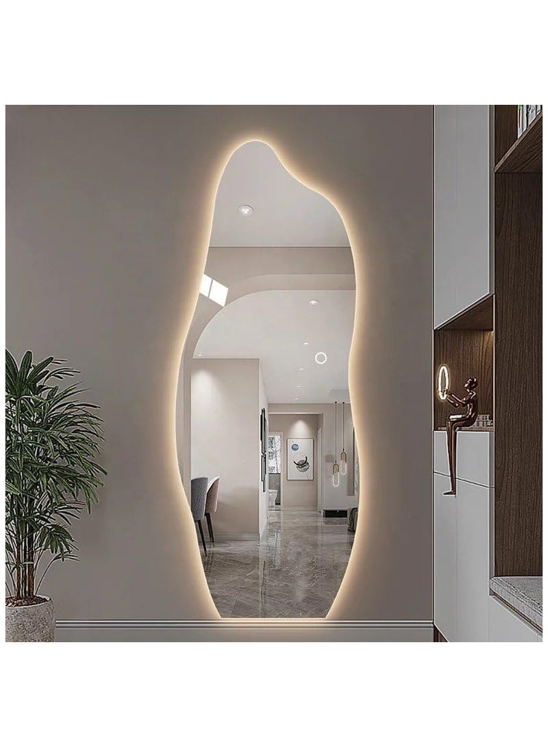 Vparty Full-Length Mirror 80x180cm – Large Standing or Wall-Mounted Mirror with Anti-Slip Wooden Base and Sleek Irregular Wavy Design – Stylish Full Body Mirror with Adjustable 3-Color LED Lighting – Modern Home Decor for Bedroom, Hallway, Dressing Room. - Image 1