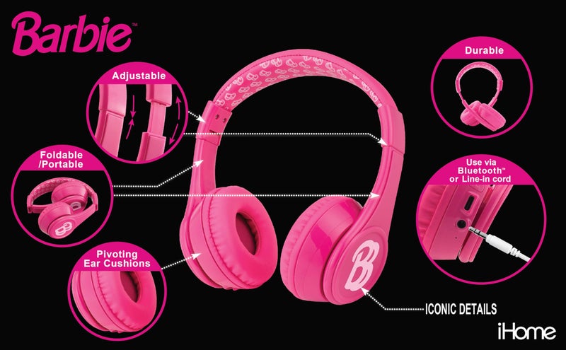 eKids Barbie Bluetooth Headphones, Pink Wireless Headphones with Microphone Includes Aux Cord, Volume Reduced Kids Foldable Earphones for School, Home, or Travel - Image 2