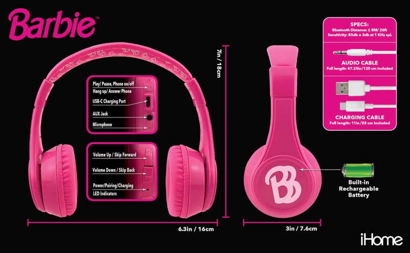 eKids Barbie Bluetooth Headphones, Pink Wireless Headphones with Microphone Includes Aux Cord, Volume Reduced Kids Foldable Earphones for School, Home, or Travel - Image 3