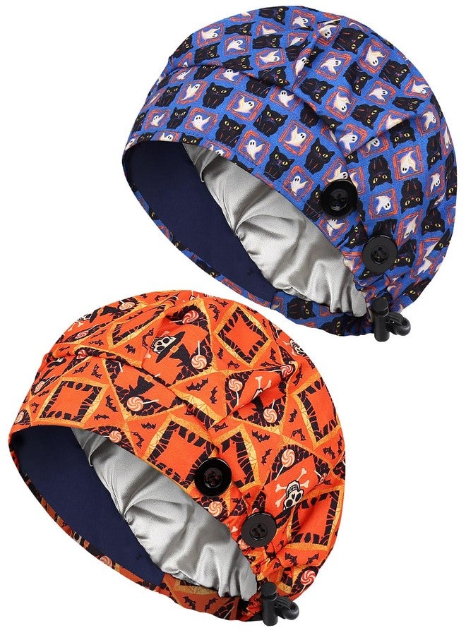 Yuest 2 Pack Satin Lined Bouffant Scrub Caps with Buttons, Adjustable Scrub Caps for Women Men, 2 Pack Satin Lined Helloween-c, One size - Image 1