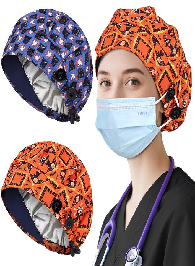 Yuest 2 Pack Satin Lined Bouffant Scrub Caps with Buttons, Adjustable Scrub Caps for Women Men, 2 Pack Satin Lined Helloween-c, One size - Image 5