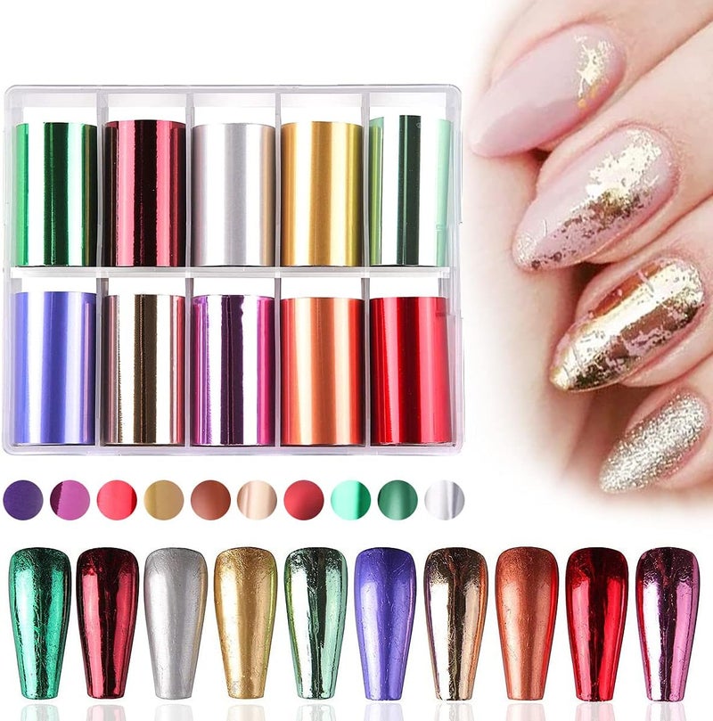 SILPECWEE 10 Sheets Nail Foil Metallic Luster Nail Transfer Foil Full Nail Wraps Nail Foil Stickers Nail Art Stickers Gold Foils Nail Decoration Kit DIY Nail Accessories