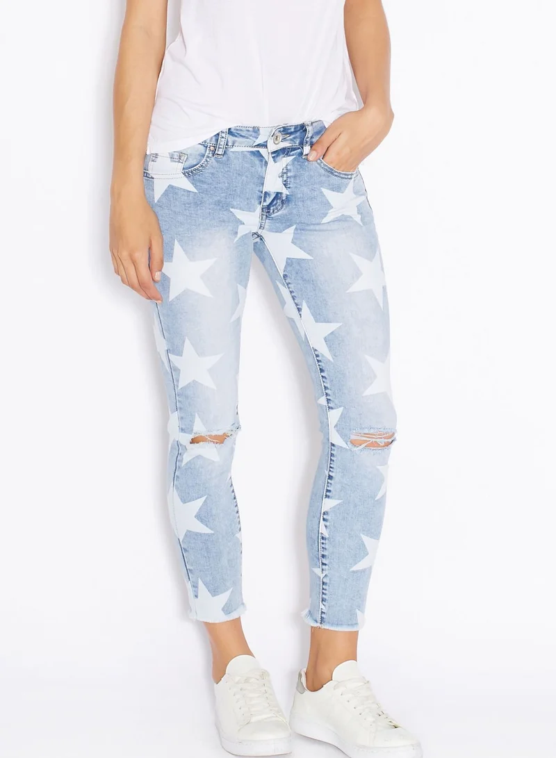 Ginger Star Print Knee Slit Skinny Jeans