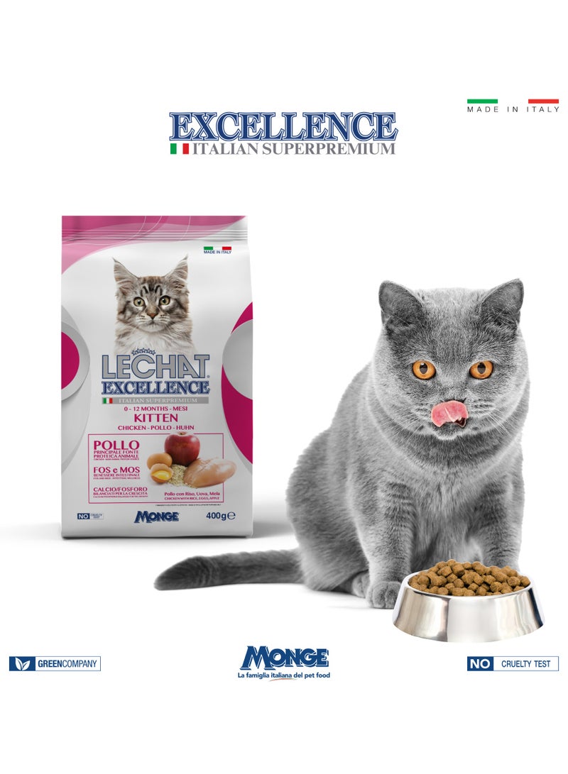 Monge Lechat Excellence by Monge | Kitten Dry Food with Chicken, Rice, Egg and Apple | Super Premium Complementary Dry Kitten Food - 400g - Image 2