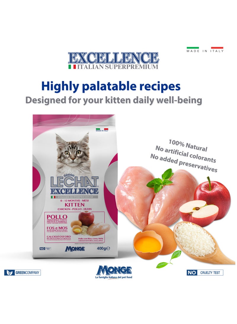 Monge Lechat Excellence by Monge | Kitten Dry Food with Chicken, Rice, Egg and Apple | Super Premium Complementary Dry Kitten Food - 400g - Image 3
