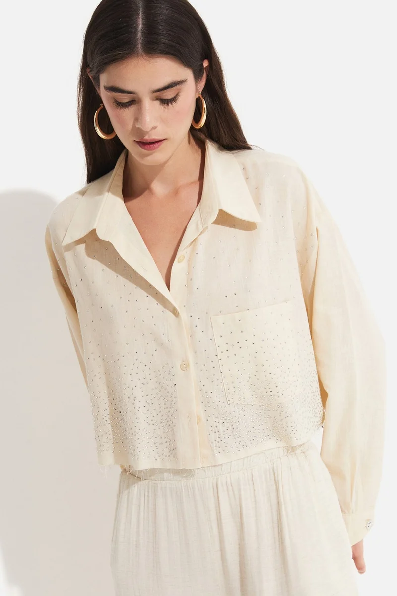 JUNE Women's Cotton Stone Detailed Crop Woven Shirt