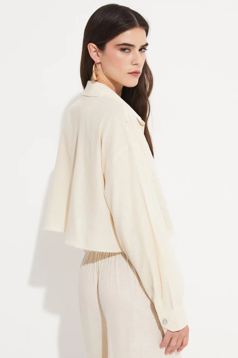 JUNE Women's Cotton Stone Detailed Crop Woven Shirt