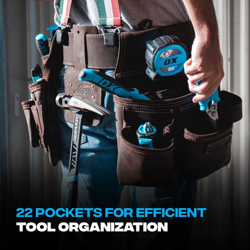 Ox Tools Pro Carpenter Tool Belt - 22-Pocket Leather Tool Belt Pouches - made of Oil-Tanned Leather with Double-Stitching and Steel Rivets - OX-P263605 - Image 5