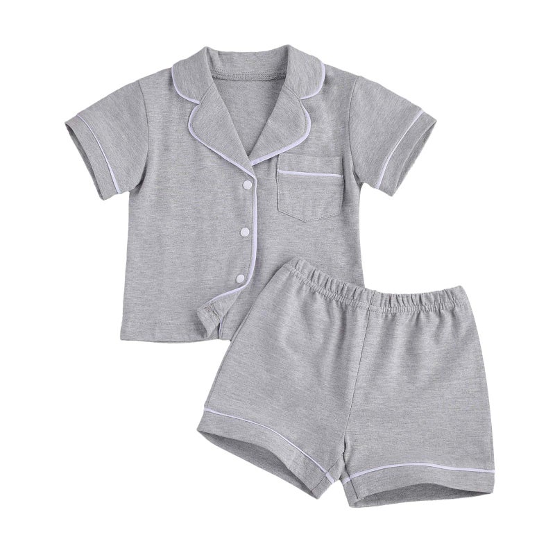 BULINGNA Kids Toddler Baby Girl Summer Two Piece Pajamas Set Short Sleeve Button Down Top with Shorts Gray