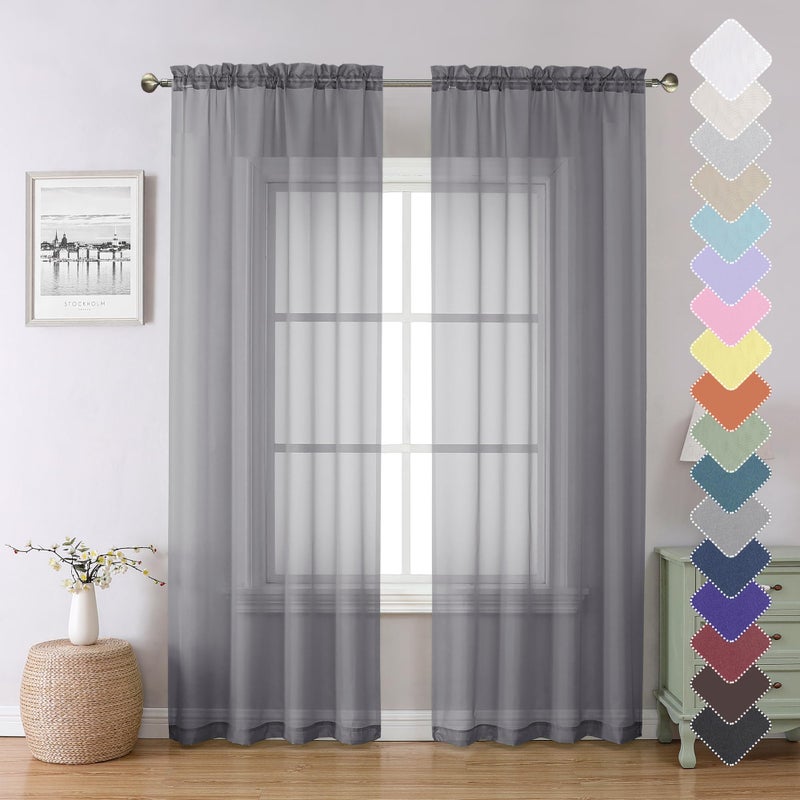 Lecloud Charcoal Grey Sheer Curtains 84 Inches Long 2 Panels, Voile Airy Light Filtering Curtains for Living Room Bedroom, Dual Rod Pocket Sheer Window Treatments Drapes, Each Panel 40" W x 84" L - Image 1