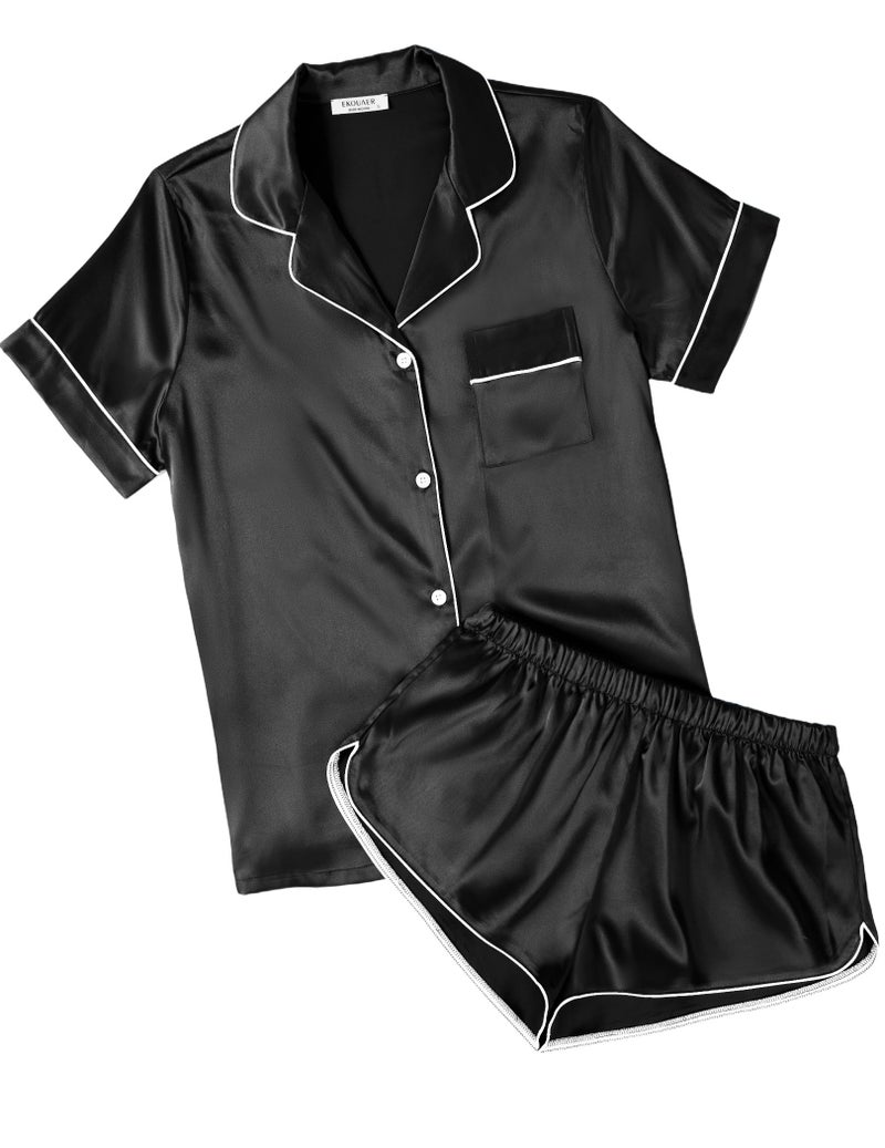 Ekouaer Womens Silk Satin Pajamas Short Sleeve Sleepwear Soft Button Down Loungewear 2 Piece PJS Shorts Set Black XX-Large - Image 1
