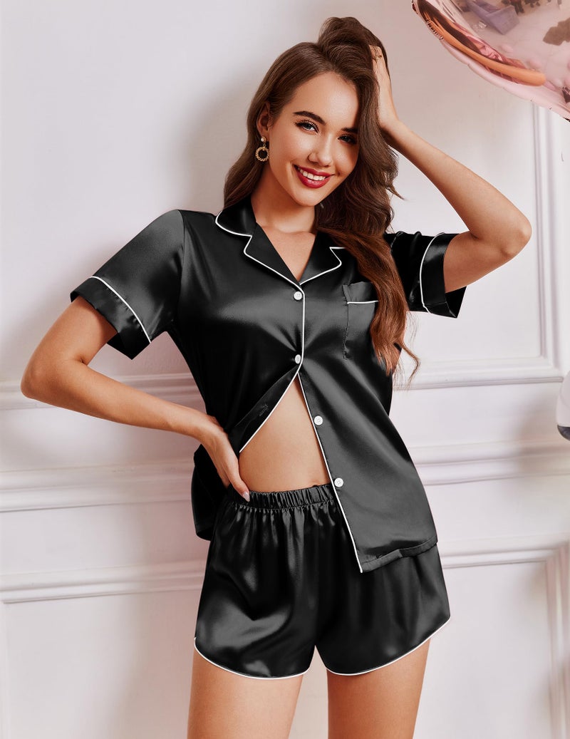 Ekouaer Womens Silk Satin Pajamas Short Sleeve Sleepwear Soft Button Down Loungewear 2 Piece PJS Shorts Set Black XX-Large - Image 2