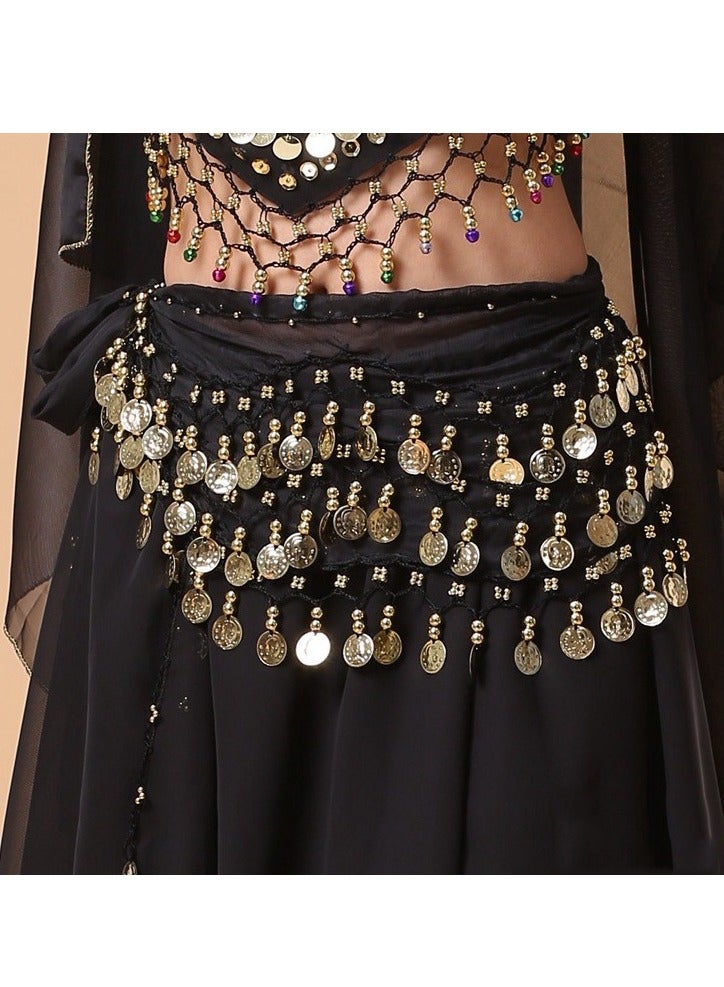Belly Dance Belt Belly Dance Hip Scarf with 128 Coins，Black - Image 1