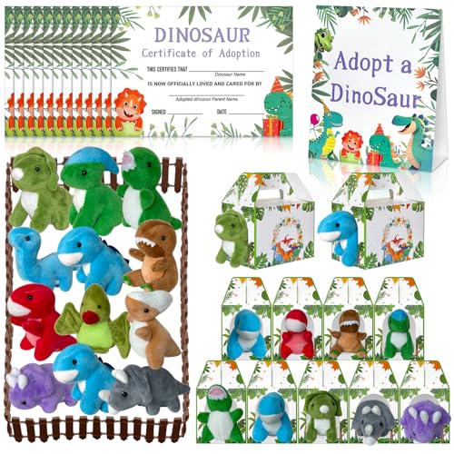 Gaiaring 38 Pcs Adopt a Dinosaur Pet Party Favors Dinosaur Stuffed Animal Include 12 Mini Plush Dinosaur 12 Foldable Boxes 12 Adopt Dinosaur Cards 1 Adopt Sign 1 Adopt Fence for Adopt a Pet Party - Image 1