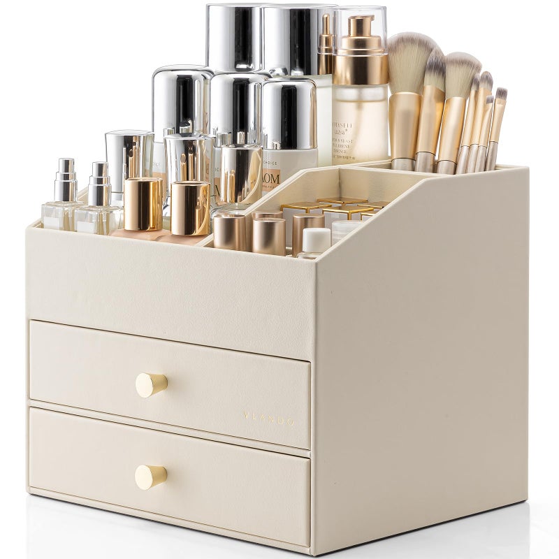 VLANDO Makeup Organizer for Vanity,Large Capacity Countertop Organizer with Drawers, PU Leather Cosmetic Display Case for Lipstick,Brushes,Skincare,Bedroom Storage (Beige) - Image 1