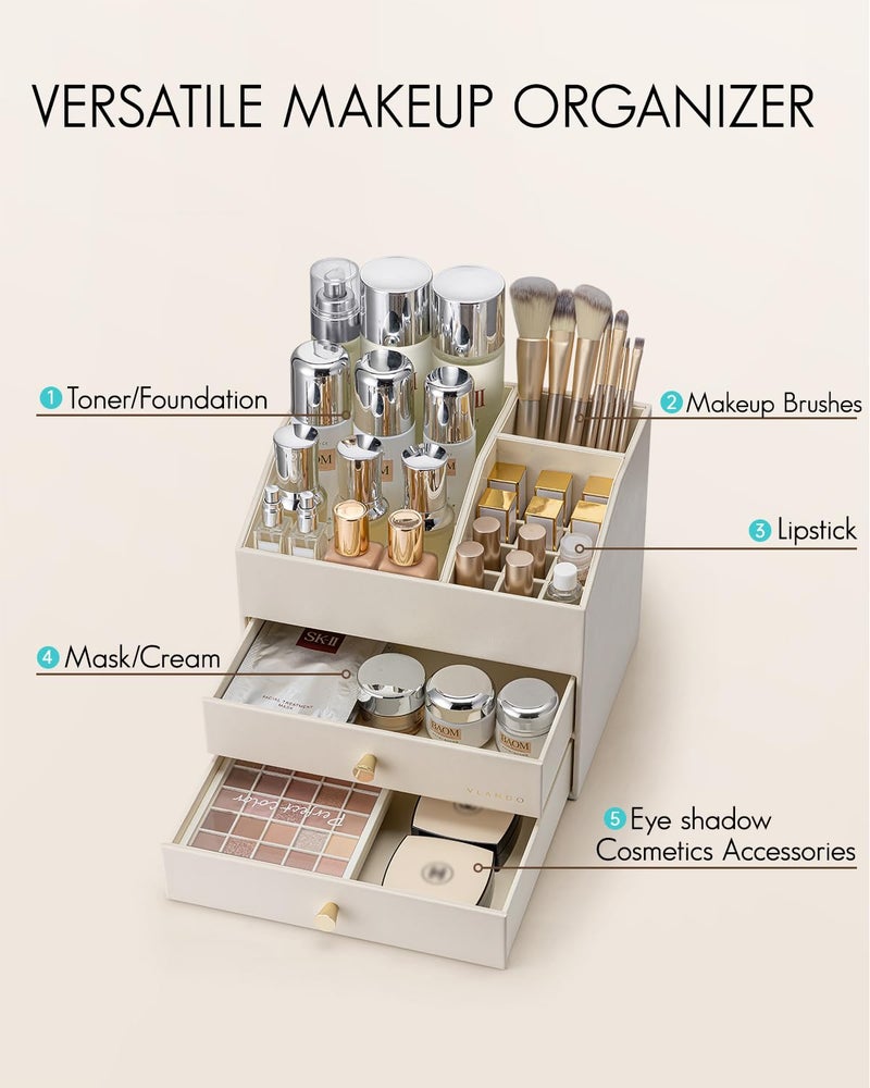 VLANDO Makeup Organizer for Vanity,Large Capacity Countertop Organizer with Drawers, PU Leather Cosmetic Display Case for Lipstick,Brushes,Skincare,Bedroom Storage (Beige) - Image 3