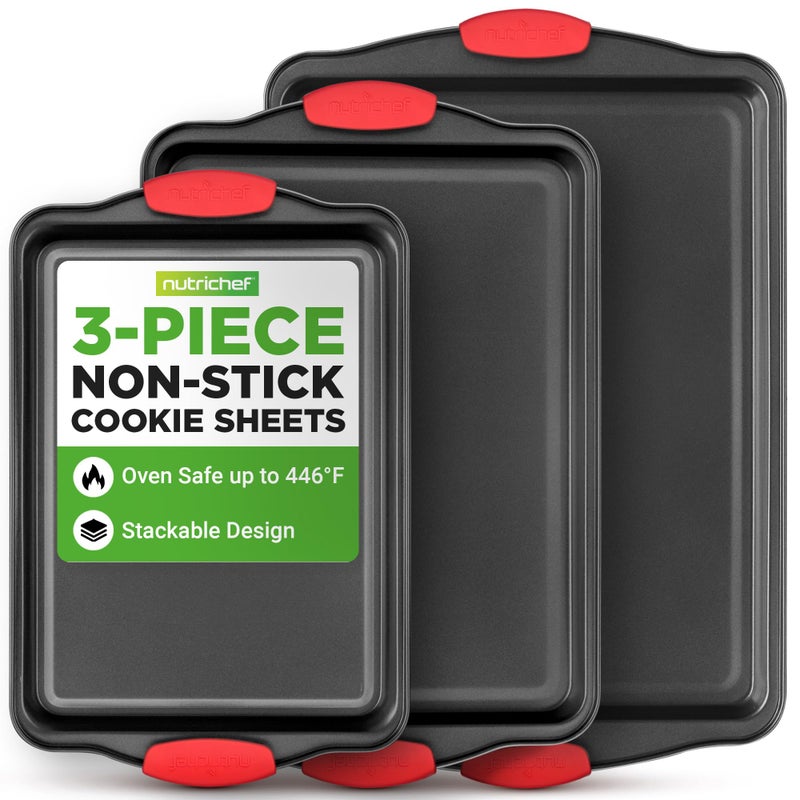 NutriChef 3-Piece Cookie Sheets for Baking, Non-Stick Baking Pans Set with Silicone Handles, Stackable Oven Trays in Small, Medium & Large Sizes for Professional and Everyday Use, 2026 Edition - Image 1