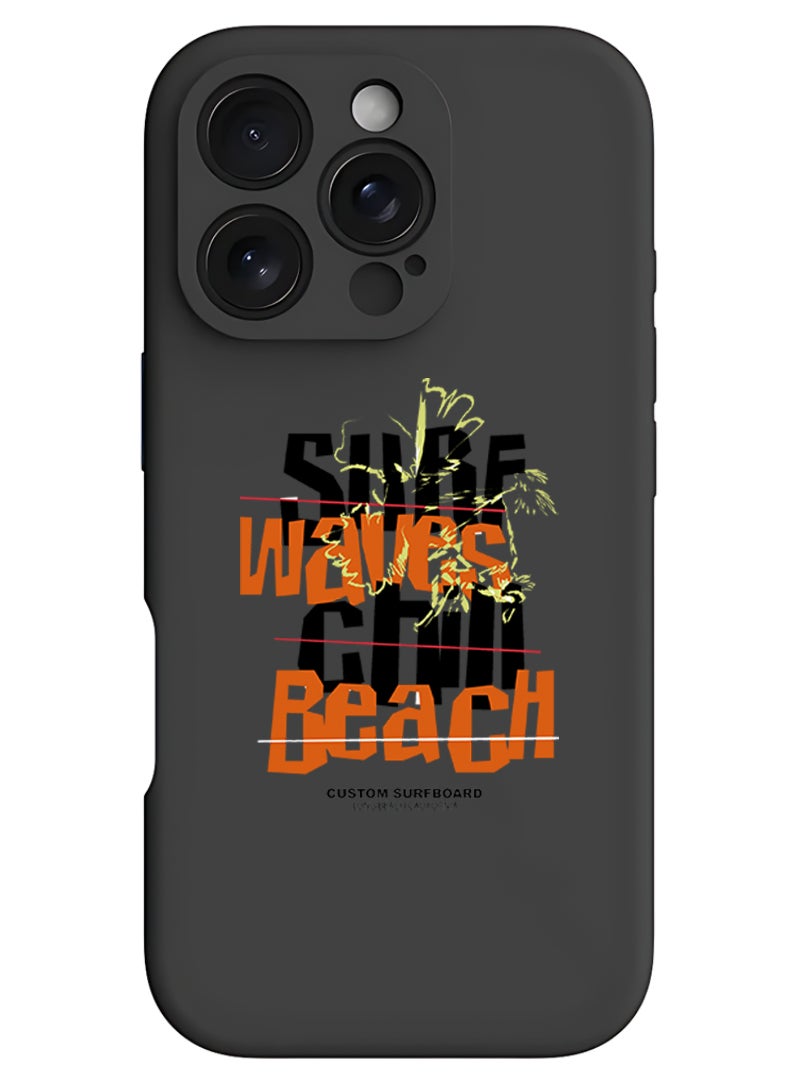 Theodor iPhone 16 Pro Max Black Protective Slim Fit Case Liquid Silicone Cover with Full Body Protection Anti-Scratch Shockproof Case For iPhone - Surf waves chill beach black  - Image 1