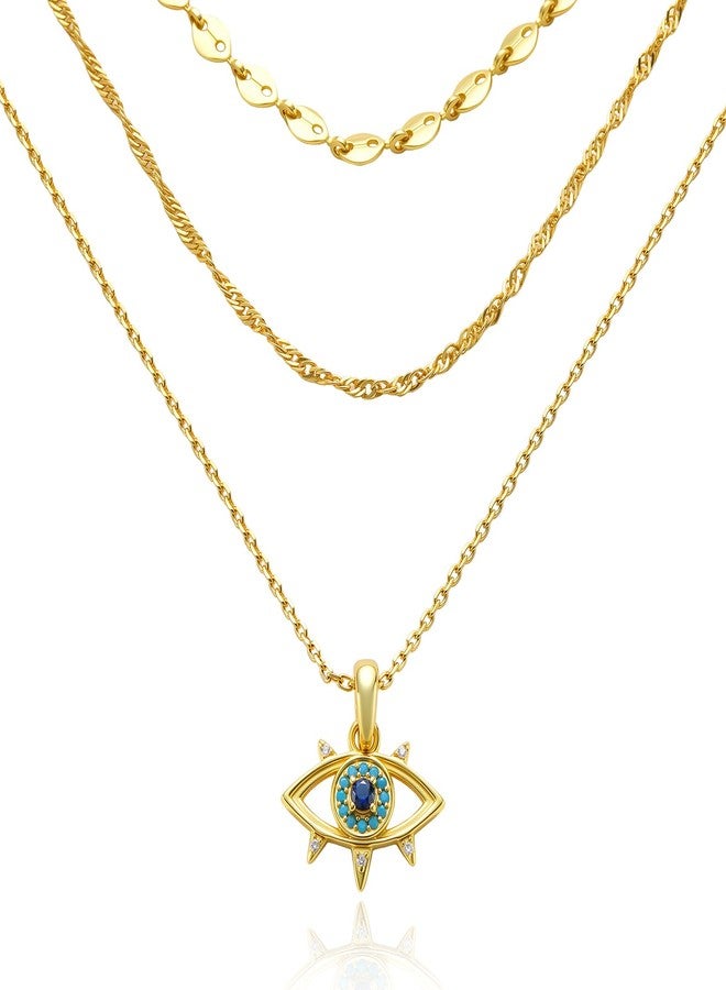 Cicy Bell Womens Evil Eye Layered Necklaces 18k Gold Plated Vintage Necklace Cubic Zirconia Long Necklace Sets Good Luck Trend Jewelry Gift, 45CM, 18k Gold Plated Brass, CZ Stone, Cubic Zirconia - Image 1