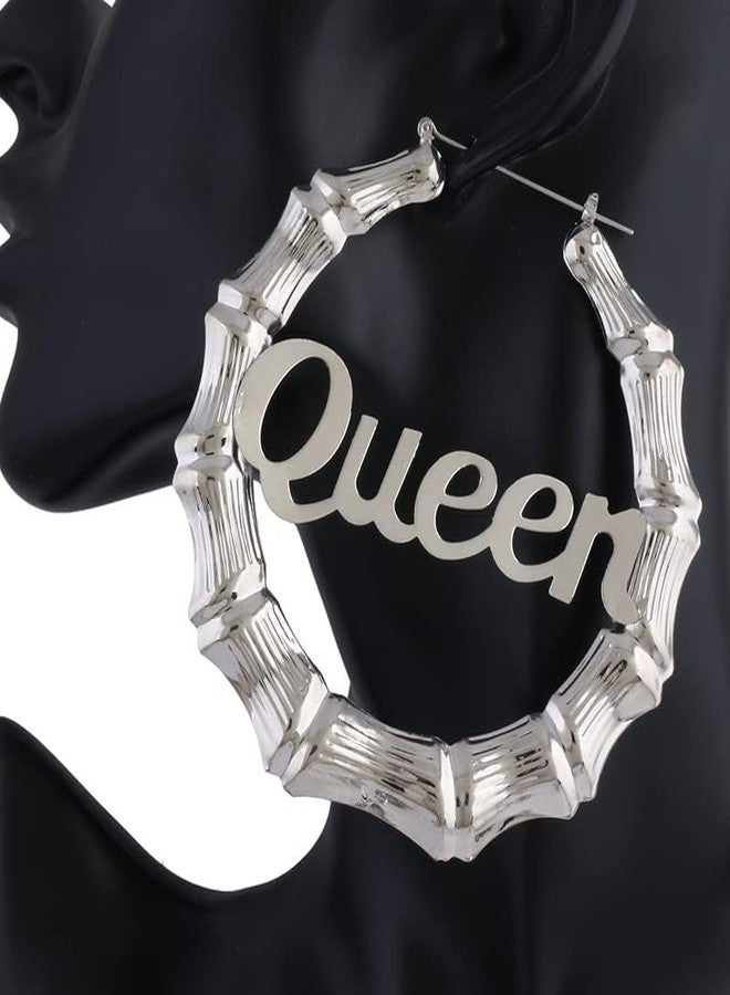 WLL Old English Font Queen Word 9cm Large Bamboo Hoop Earrings Hip-Pop Style Fashion Party Accessory (B1:silver) - Image 4