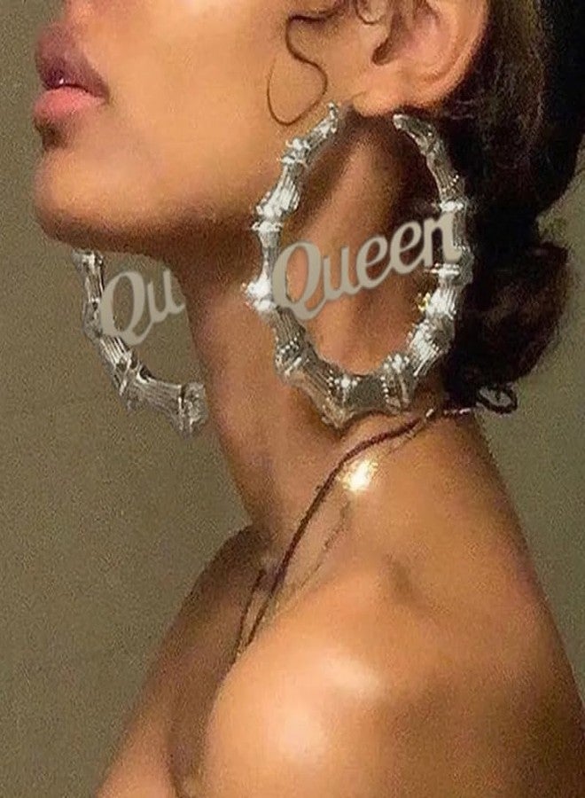WLL Old English Font Queen Word 9cm Large Bamboo Hoop Earrings Hip-Pop Style Fashion Party Accessory (B1:silver) - Image 3
