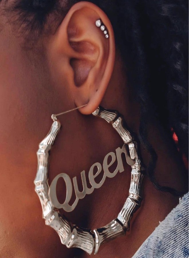 WLL Old English Font Queen Word 9cm Large Bamboo Hoop Earrings Hip-Pop Style Fashion Party Accessory (B1:silver) - Image 2