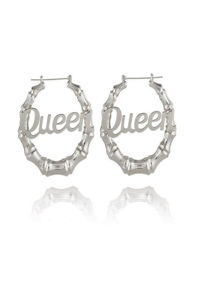 WLL Old English Font Queen Word 9cm Large Bamboo Hoop Earrings Hip-Pop Style Fashion Party Accessory (B1:silver) - Image 1