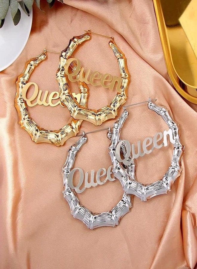 WLL Old English Font Queen Word 9cm Large Bamboo Hoop Earrings Hip-Pop Style Fashion Party Accessory (B1:silver) - Image 5