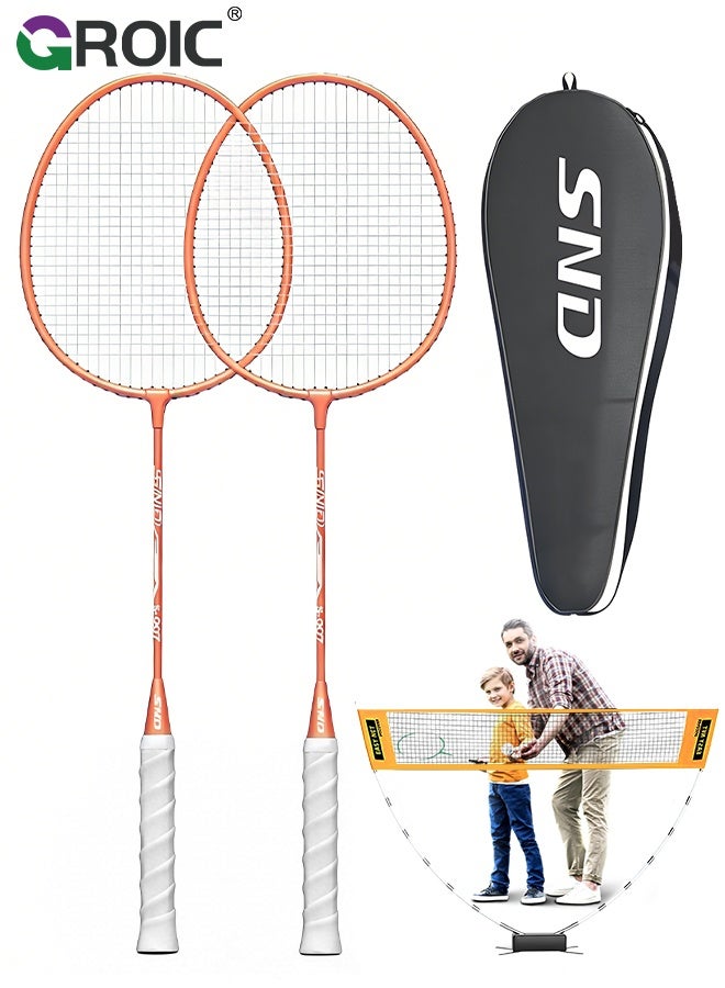 GROIC Badminton Set with Net, 2.7m Wide 1.5m High Portable Net and 2 Lightweight Racquets, All-in-One Outdoor and Indoor Game for Backyard Park Family Play, Badminton Rackets Set with Badminton Net - Orange - Image 1