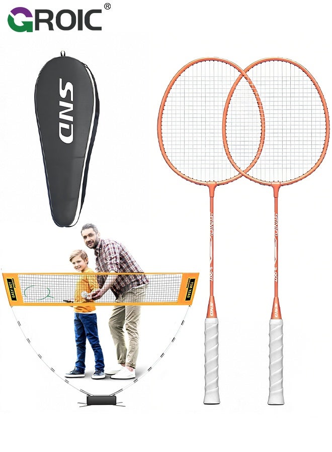 GROIC Badminton Set with Net, 2.7m Wide 1.5m High Portable Net and 2 Lightweight Racquets, All-in-One Outdoor and Indoor Game for Backyard Park Family Play, Badminton Rackets Set with Badminton Net - Orange - Image 1