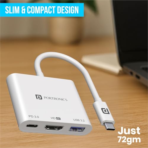 Portronics C-Konnect Type C to HDMI Adapter (3-in-1), Multiport USB C Hub with 4K@30Hz, USB 3.0 @ 5Gbps, 100 W PD Charging Port for Laptop, MacBook, PC and Other Type C Devices (White) - Image 5
