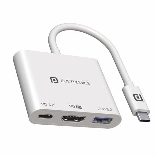 Portronics C-Konnect Type C to HDMI Adapter (3-in-1), Multiport USB C Hub with 4K@30Hz, USB 3.0 @ 5Gbps, 100 W PD Charging Port for Laptop, MacBook, PC and Other Type C Devices (White) - Image 1