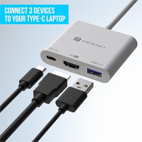 Portronics C-Konnect Type C to HDMI Adapter (3-in-1), Multiport USB C Hub with 4K@30Hz, USB 3.0 @ 5Gbps, 100 W PD Charging Port for Laptop, MacBook, PC and Other Type C Devices (White) - Image 3