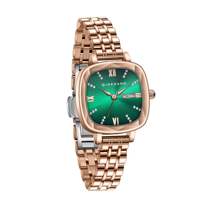 Giordano Elegant Square Rose Gold Watch for Women – Crystal & Roman Hour Markers, Day-Date Display, Stainless Steel Strap - Image 1