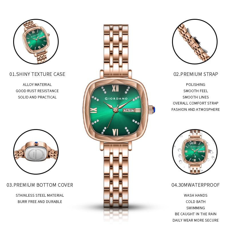 Giordano Elegant Square Rose Gold Watch for Women – Crystal & Roman Hour Markers, Day-Date Display, Stainless Steel Strap - Image 5