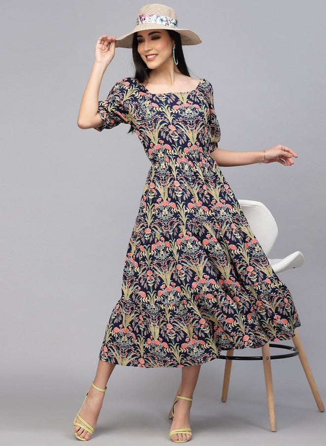 LARGISH Floral Printed Puff Sleeves Cotton Fit & Flare Midi Dress - Image 5