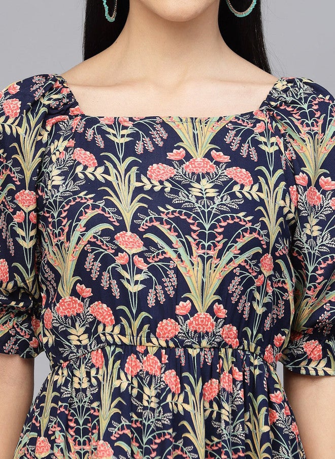 LARGISH Floral Printed Puff Sleeves Cotton Fit & Flare Midi Dress - Image 2