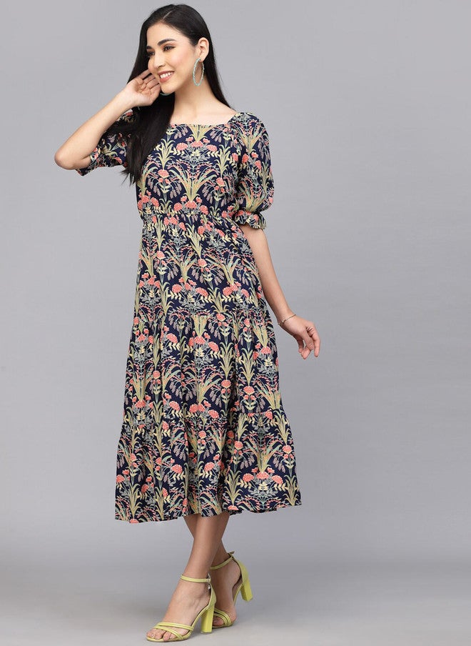 LARGISH Floral Printed Puff Sleeves Cotton Fit & Flare Midi Dress - Image 1