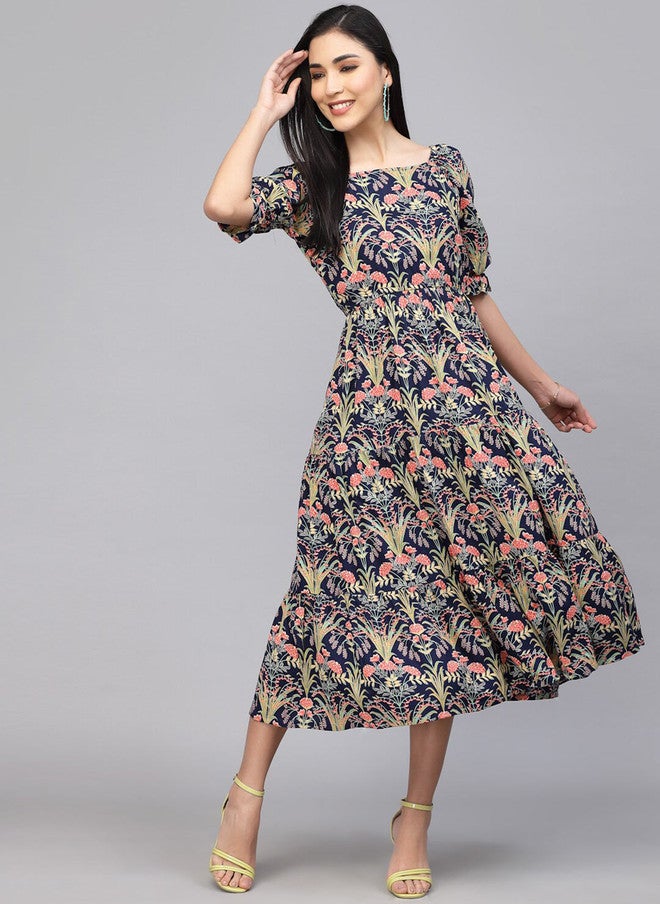 LARGISH Floral Printed Puff Sleeves Cotton Fit & Flare Midi Dress - Image 3
