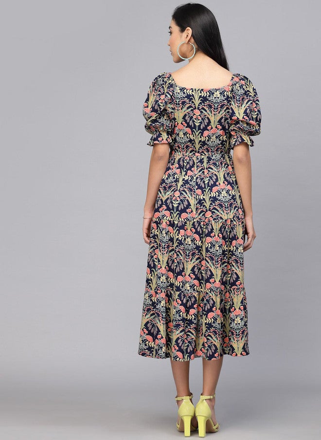 LARGISH Floral Printed Puff Sleeves Cotton Fit & Flare Midi Dress - Image 4