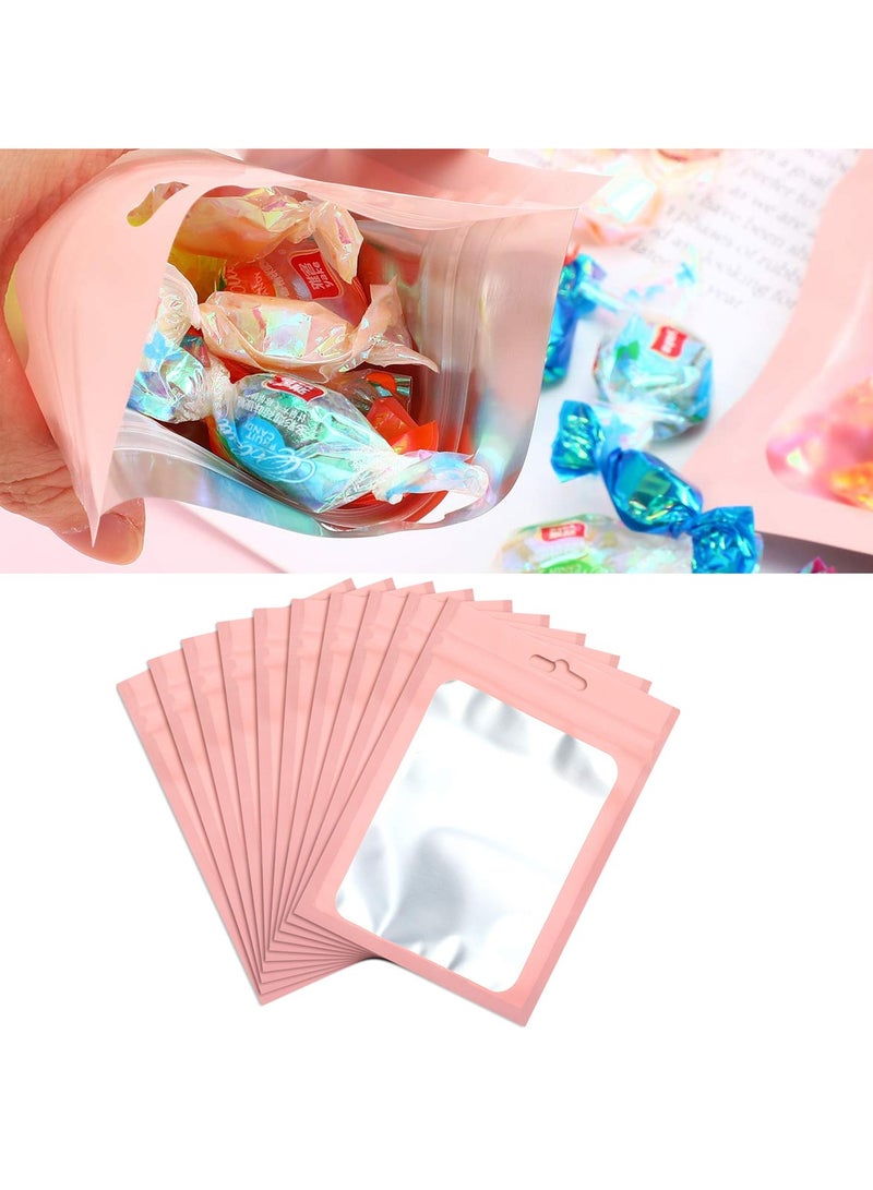 100Pcs Resealable Mylar Bags with Clear Window, Smell Proof Foil Pouch Bags for Food Storage Supplies (Pink), Self-Sealing Design  - Image 1