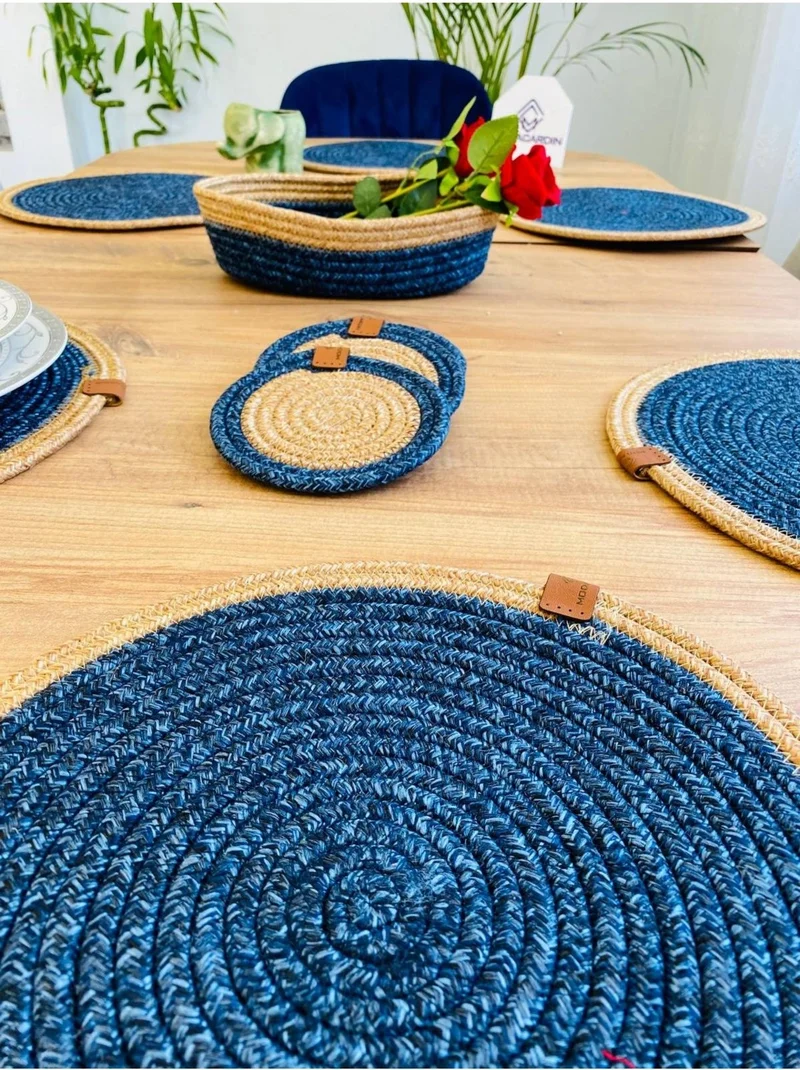 BDZ Deri BDZ Leather Wicker Jute Presentation Plate Mat American Service Coaster and Basket 13 Pieces