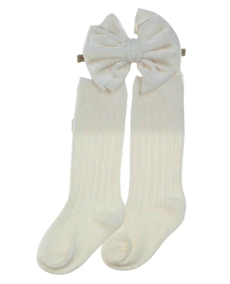 D'Daniela Mikha Socks & Ribbon Bow Set For Babies and Girls - White