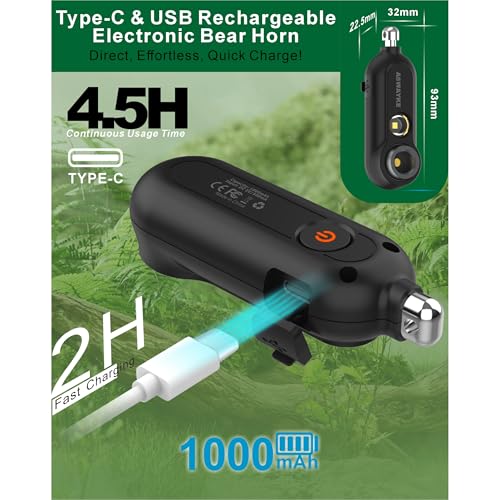 aswayke 125dB Rechargeable Bear Horn,IPX5 Waterproof & LED Flashlight Bear Deterrent Device for Hiking, Camping, Outdoor Survival-Black - Image 5