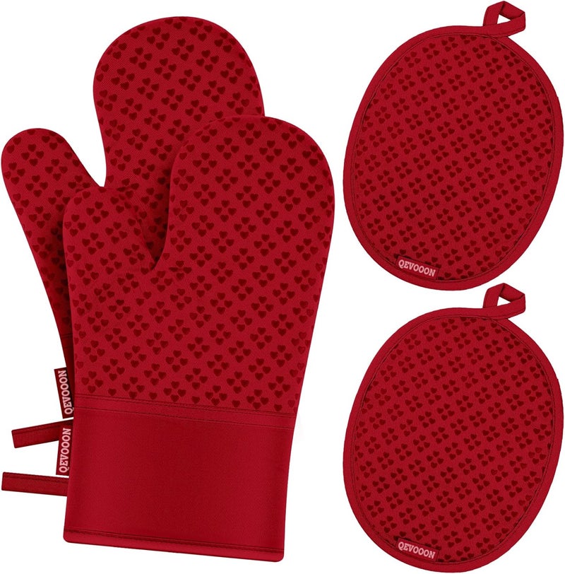 Qevooon Oven Mitts and Pot Holders 4 Sets, Heat Resistant 500 ℉ Oven Mitt and Pot Holder,Oven Glove&Potholders with Non-Slip Silicone Surface,Kitchen Essentials for Cooking/Baking/BBQ-Red - Image 1