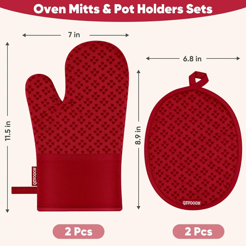 Qevooon Oven Mitts and Pot Holders 4 Sets, Heat Resistant 500 ℉ Oven Mitt and Pot Holder,Oven Glove&Potholders with Non-Slip Silicone Surface,Kitchen Essentials for Cooking/Baking/BBQ-Red - Image 2